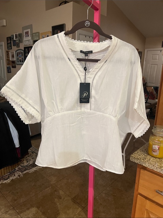 Adrianna Papell Tops - Adrianna Papell White V-Neck Eyelet Trim Peasant Blouse